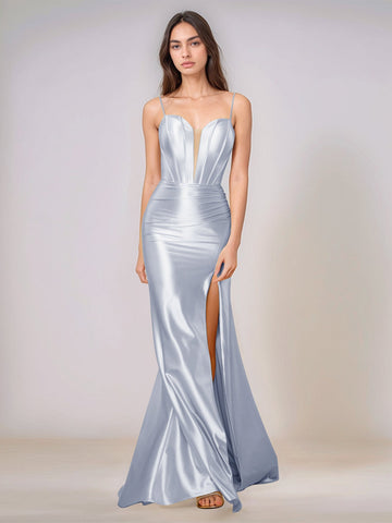Deep V-neck Spaghetti Straps Mermaid Bridesmaid Dress Long with Slit