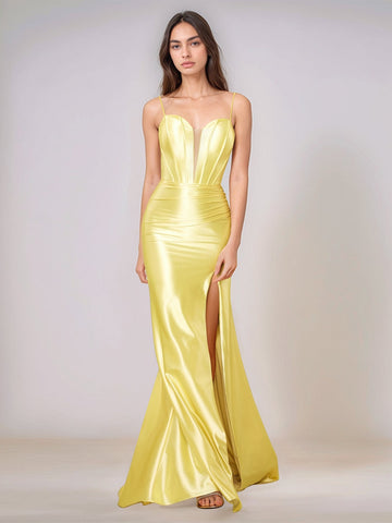 Deep V-neck Spaghetti Straps Mermaid Bridesmaid Dress Long with Slit