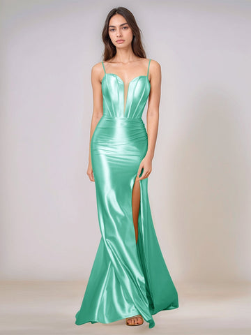 Deep V-neck Spaghetti Straps Mermaid Bridesmaid Dress Long with Slit