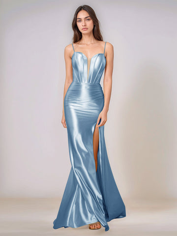 Deep V-neck Spaghetti Straps Mermaid Bridesmaid Dress Long with Slit