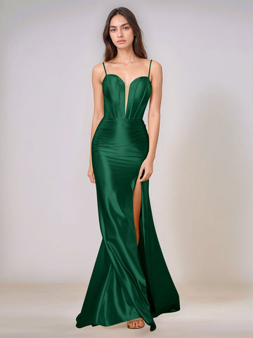 Deep V-neck Spaghetti Straps Mermaid Bridesmaid Dress Long with Slit