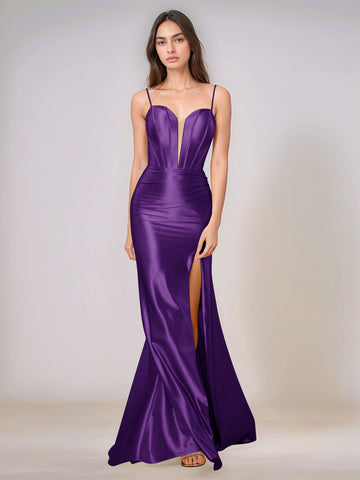 Deep V-neck Spaghetti Straps Mermaid Bridesmaid Dress Long with Slit