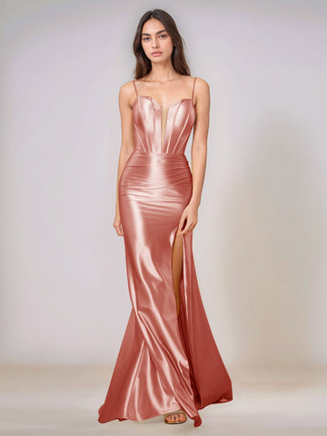 Deep V-neck Spaghetti Straps Mermaid Bridesmaid Dress Long with Slit