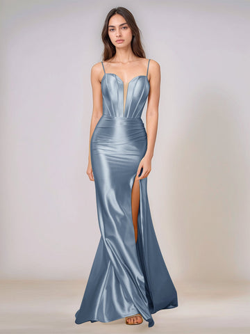 Deep V-neck Spaghetti Straps Mermaid Bridesmaid Dress Long with Slit