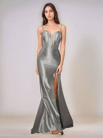 Deep V-neck Spaghetti Straps Mermaid Bridesmaid Dress Long with Slit