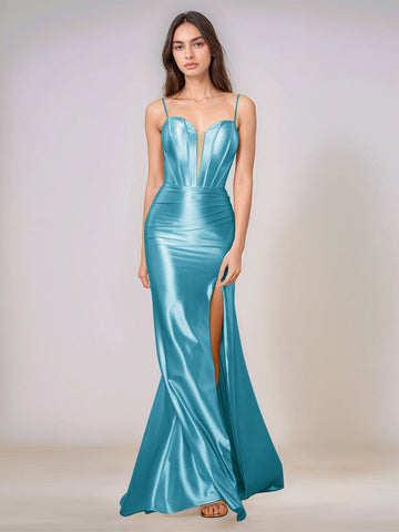Deep V-neck Spaghetti Straps Mermaid Bridesmaid Dress Long with Slit
