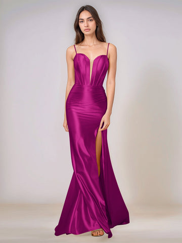 Deep V-neck Spaghetti Straps Mermaid Bridesmaid Dress Long with Slit