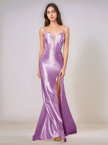 Deep V-neck Spaghetti Straps Mermaid Bridesmaid Dress Long with Slit