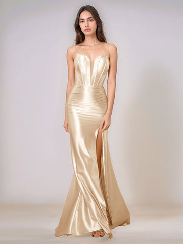 Deep V-neck Spaghetti Straps Mermaid Bridesmaid Dress Long with Slit