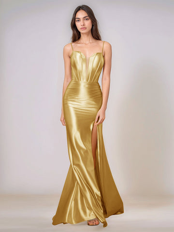 Deep V-neck Spaghetti Straps Mermaid Bridesmaid Dress Long with Slit