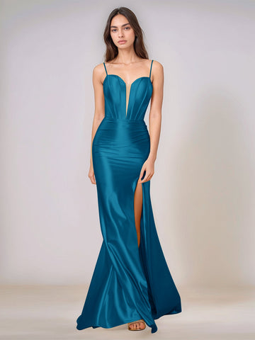 Deep V-neck Spaghetti Straps Mermaid Bridesmaid Dress Long with Slit