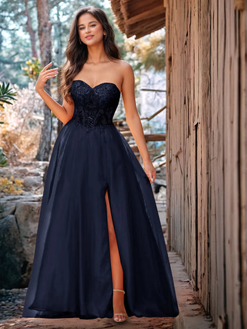 Luxury Sparkly Beads Strapless Lace Ball Gown Prom Dress