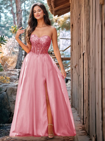 Luxury Sparkly Beads Strapless Lace Ball Gown Prom Dress