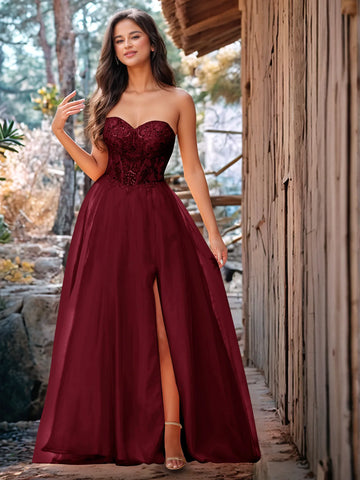 Luxury Sparkly Beads Strapless Lace Ball Gown Prom Dress