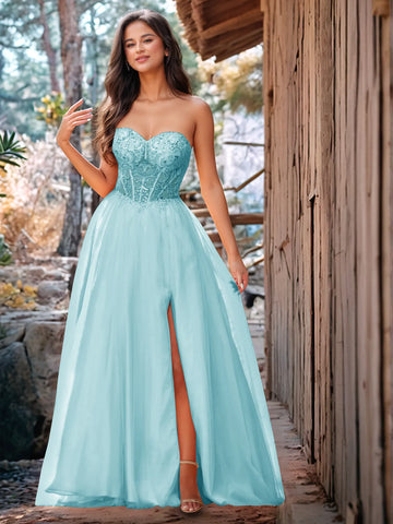 Luxury Sparkly Beads Strapless Lace Ball Gown Prom Dress