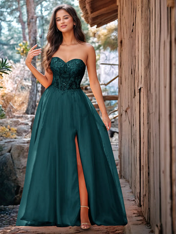 Luxury Sparkly Beads Strapless Lace Ball Gown Prom Dress