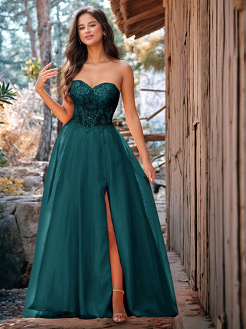 Luxury Sparkly Beads Strapless Lace Ball Gown Prom Dress