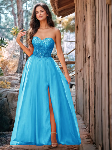 Luxury Sparkly Beads Strapless Lace Ball Gown Prom Dress