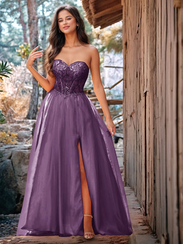 Luxury Sparkly Beads Strapless Lace Ball Gown Prom Dress