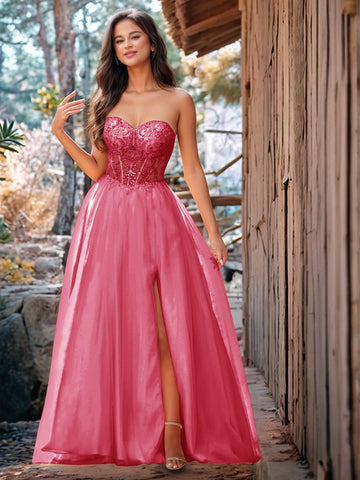 Luxury Sparkly Beads Strapless Lace Ball Gown Prom Dress