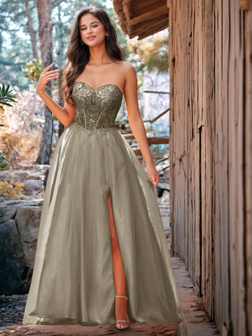 Luxury Sparkly Beads Strapless Lace Ball Gown Prom Dress