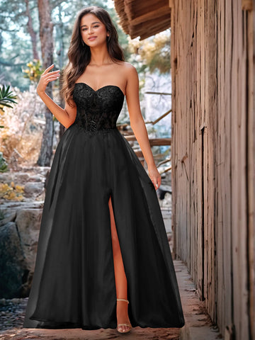 Luxury Sparkly Beads Strapless Lace Ball Gown Prom Dress