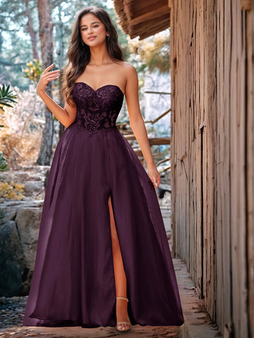 Luxury Sparkly Beads Strapless Lace Ball Gown Prom Dress