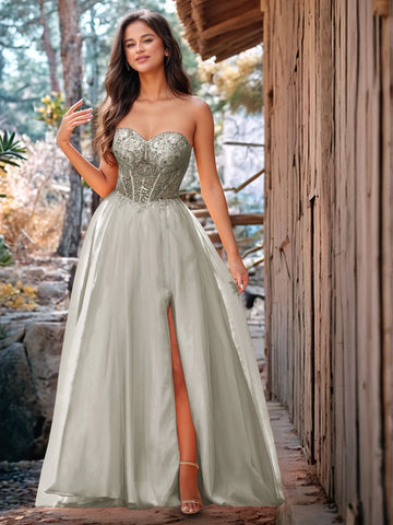 Luxury Sparkly Beads Strapless Lace Ball Gown Prom Dress