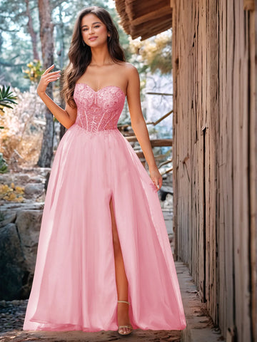 Luxury Sparkly Beads Strapless Lace Ball Gown Prom Dress