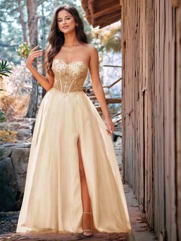 Luxury Sparkly Beads Strapless Lace Ball Gown Prom Dress