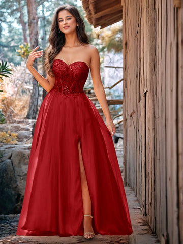 Luxury Sparkly Beads Strapless Lace Ball Gown Prom Dress