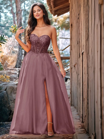 Luxury Sparkly Beads Strapless Lace Ball Gown Prom Dress