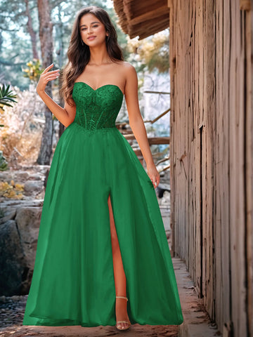 Luxury Sparkly Beads Strapless Lace Ball Gown Prom Dress