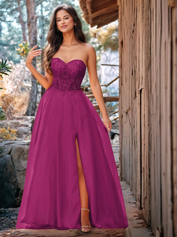 Luxury Sparkly Beads Strapless Lace Ball Gown Prom Dress