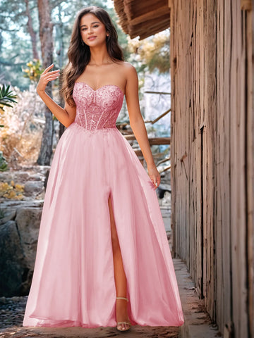 Luxury Sparkly Beads Strapless Lace Ball Gown Prom Dress