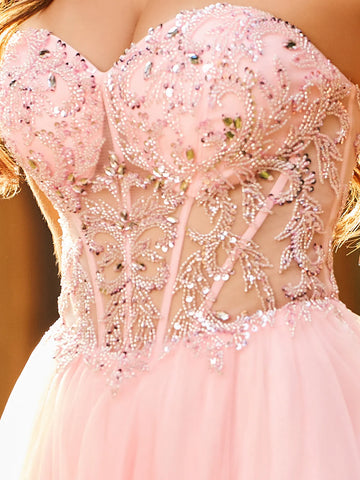 Luxury Sparkly Beads Strapless Lace Ball Gown Prom Dress