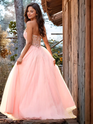 Luxury Sparkly Beads Strapless Lace Ball Gown Prom Dress