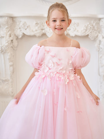 Puffy Sleeves Off-Shoulder 3D Floral Appliques Tulle Tea-length Flower Girl Dress