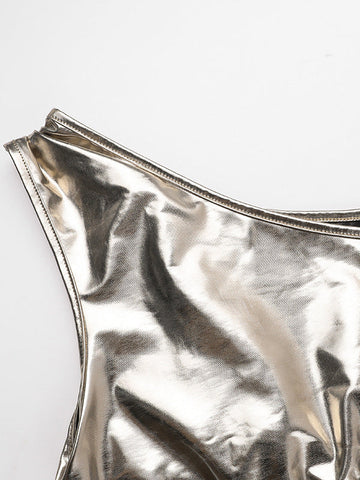 Skinny Sleeveless Asymmetric Pleated Shiny Split-Back Split-Joint One-Shoulder Evening Dresses Maxi Dresses