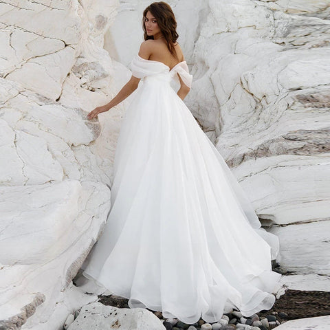Simple A-Line Bohemian Bridal Dresses Women's Sexy Off Shoulder White Pleated Tulle Beach Formal Prom Party Fashion 2023 Wedding