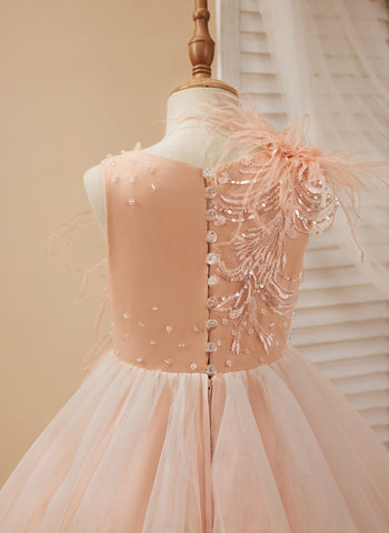 Ball-Gown/Princess Tulle Sweep Train Pink Flower Girl Dress