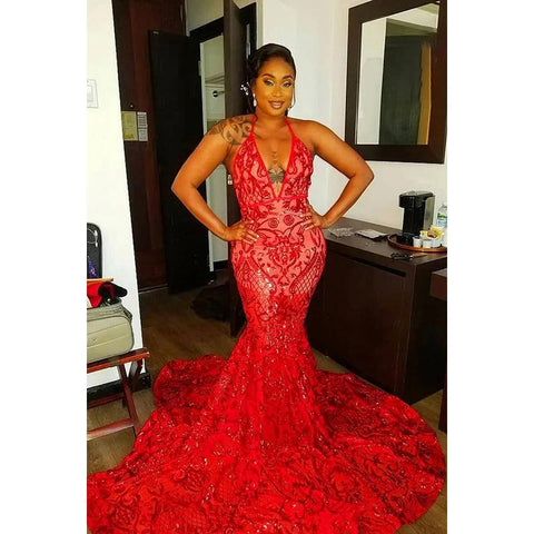 Vestido de fiesta sexy y atractivo con tirantes finos, escote en V profundo, sin mangas, corte sirena, espalda descubierta y lentejuelas