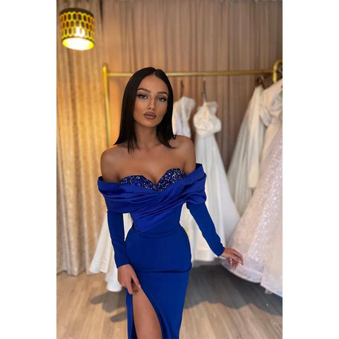 Vestidos de noche formales largos con escote en forma de corazón, mangas largas y abertura lateral