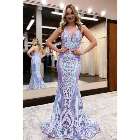 Vestido de fiesta formal glamuroso con escote en V, tirantes finos y apliques de lentejuelas estilo sirena