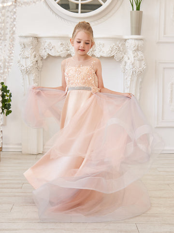 A-line Satin Tulle Sweep Train Champagne Dress (010226776)