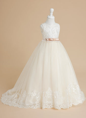Ball-Gown/Princess Tulle Sweep Train Ivory  Flower Girl Dress