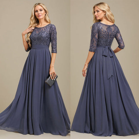 A-Line Scoop Floor-Length Lace Chiffon Mother Of the Bride Dress With Sequins Applique
