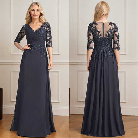 A-line V-Neck Floor-Length Lace Chiffon Mother of the Bride Dress With Pleated Sequins