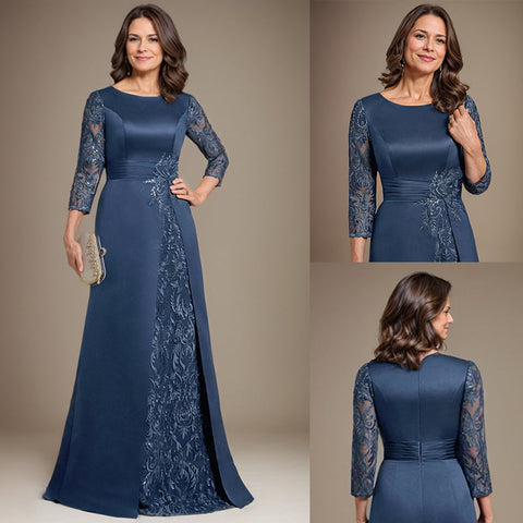 A-Line Scoop Floor-Length Lace Satin Mother Of the Bride Dress With Applique