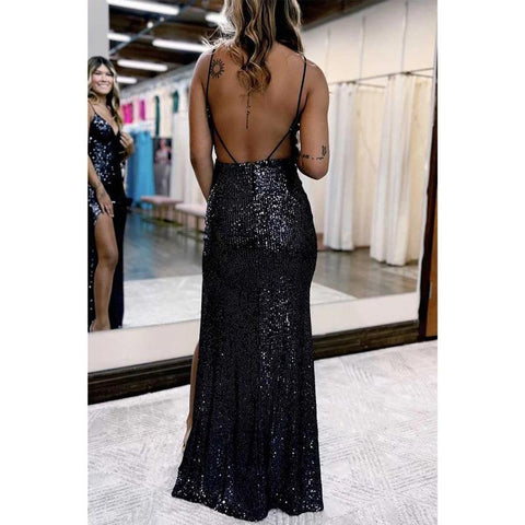 Vestido de noche para fiesta de graduación con escote en V, tirantes finos, lentejuelas y abertura lateral 